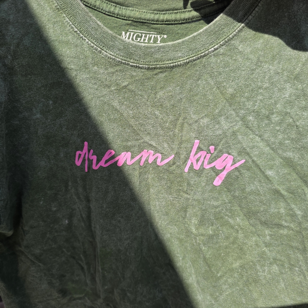 omighty Green Tee with Pink "dream big" Script